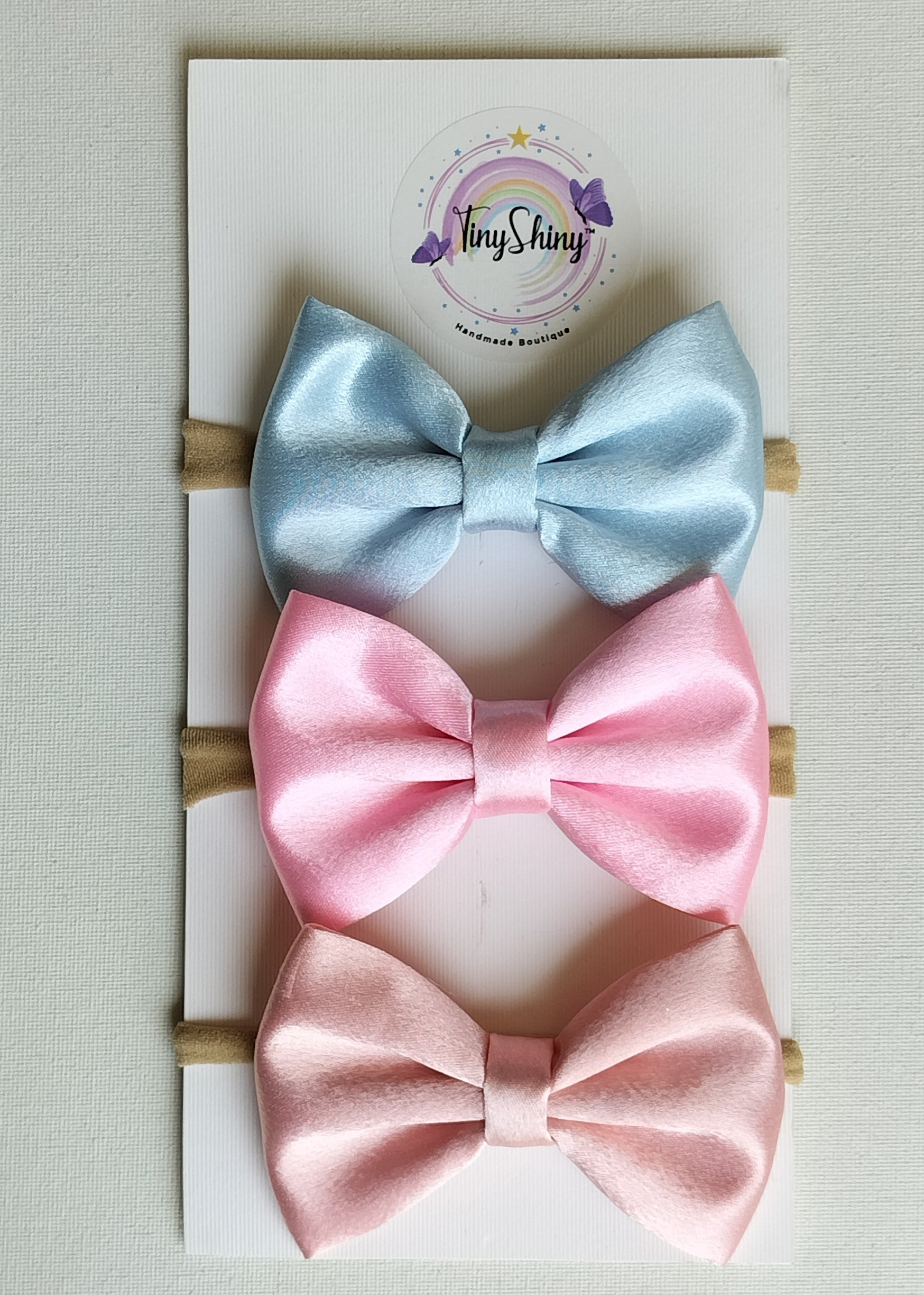 Satin Fabric Bows Baby Blue, Baby Pink, Peach - Main Image