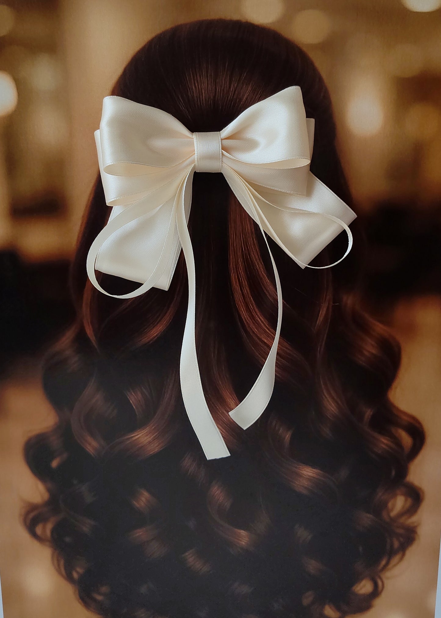 Back view of a girl with long curled hair wearing a large bright cream satin bow - perfect for festive or formal occasions - TinyShiny