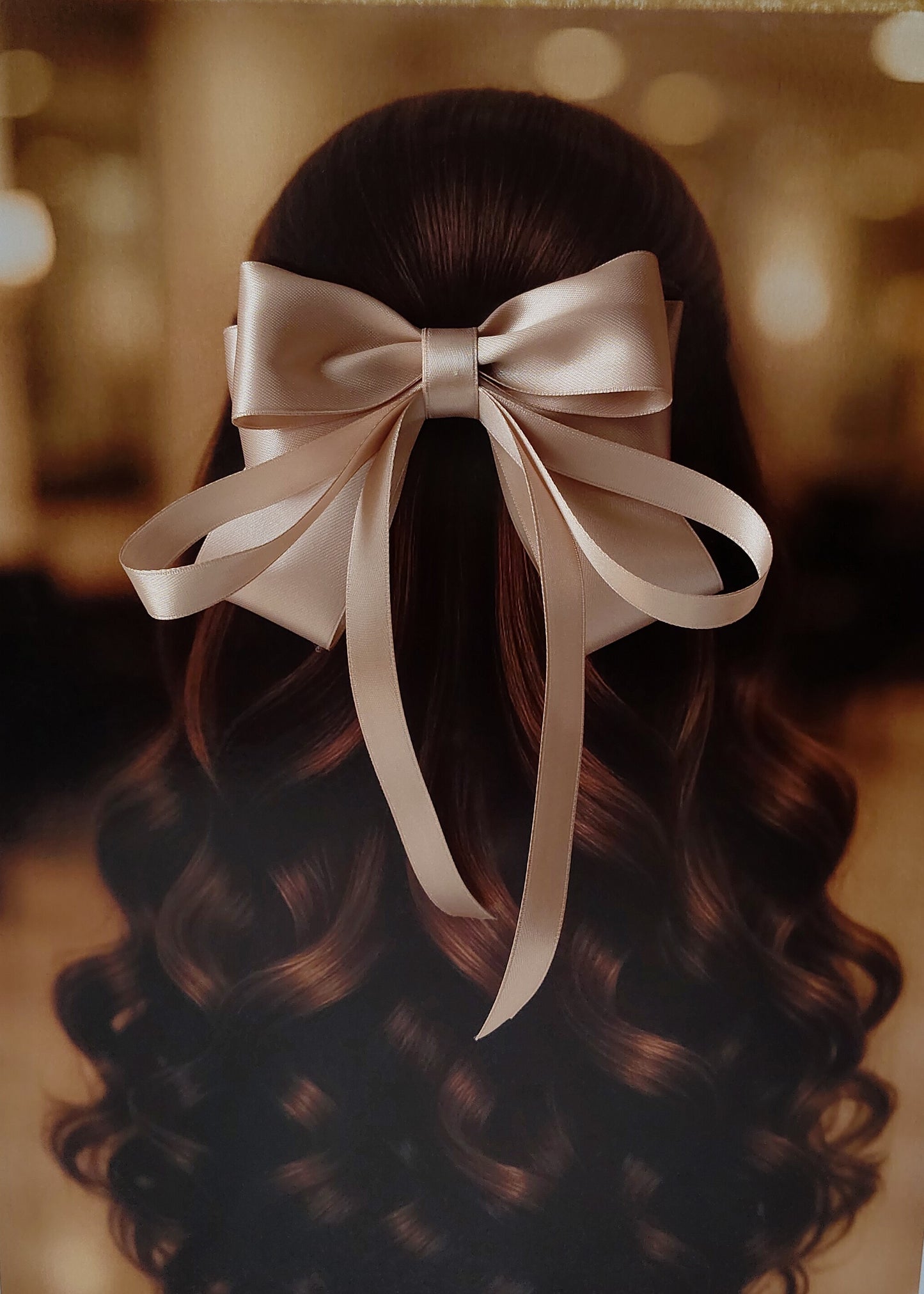 Back view of a girl with long curled hair wearing a large bright Desert Brown satin bow - perfect for festive or formal occasions - TinyShiny