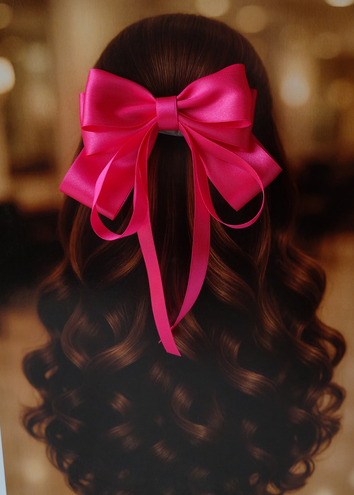 Back view of a girl with long curled hair wearing a large bright hot pink satin bow - perfect for festive or formal occasions - TinyShiny