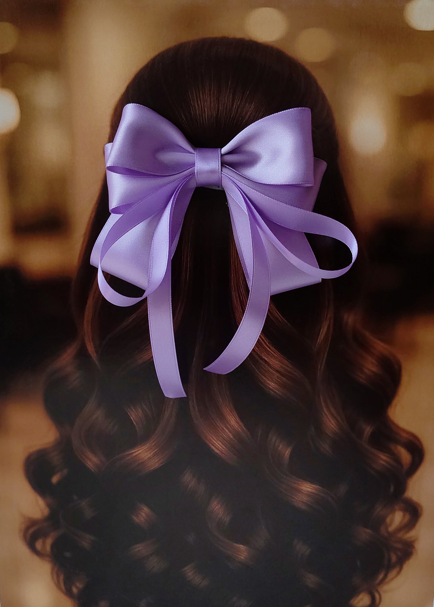 Back view of a girl with long curled hair wearing a large bright Light Purple satin bow - perfect for festive or formal occasions - TinyShiny