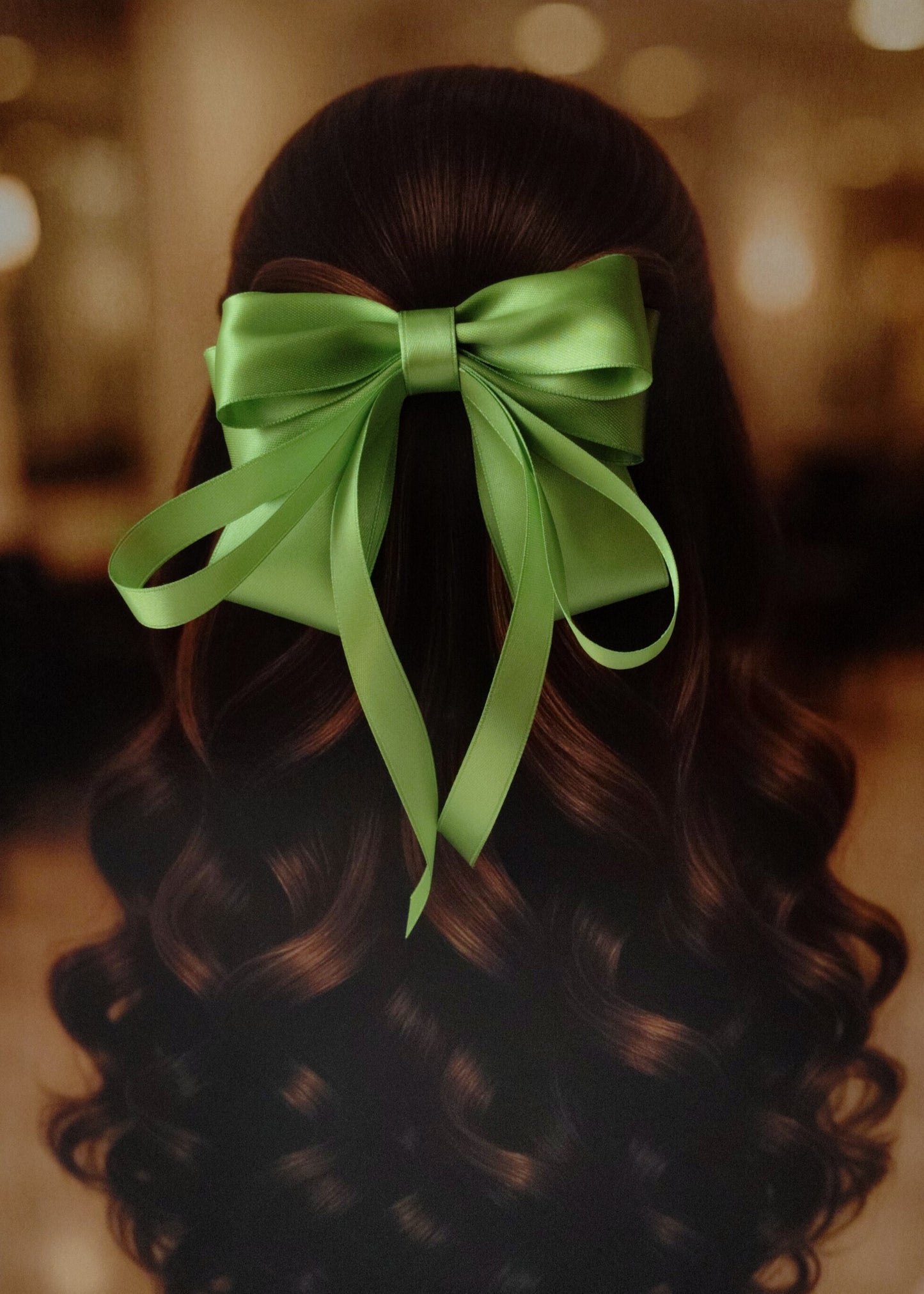 Back view of a girl with long curled hair wearing a large bright lime green satin bow - perfect for festive or formal occasions - TinyShiny