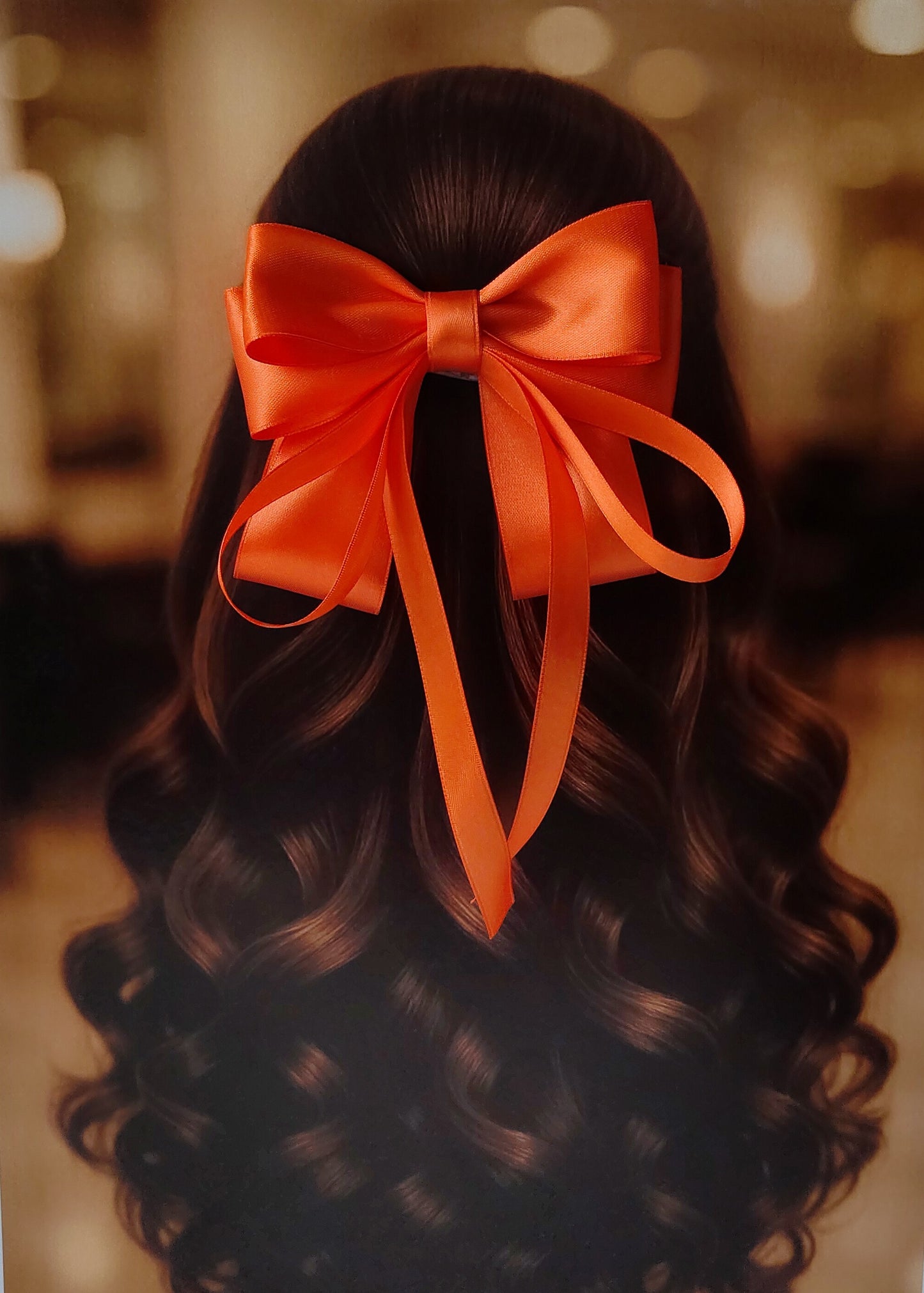 Back view of a girl with long curled hair wearing a large bright orange satin bow - perfect for festive or formal occasions - TinyShiny
