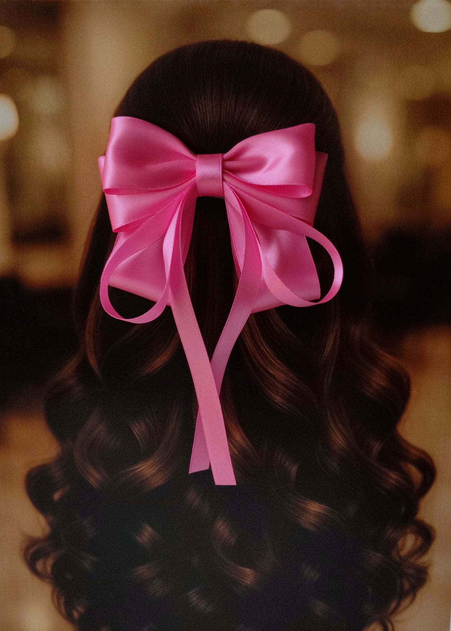 Back view of a girl with long curled hair wearing a large bright pink satin bow - perfect for festive or formal occasions - TinyShiny