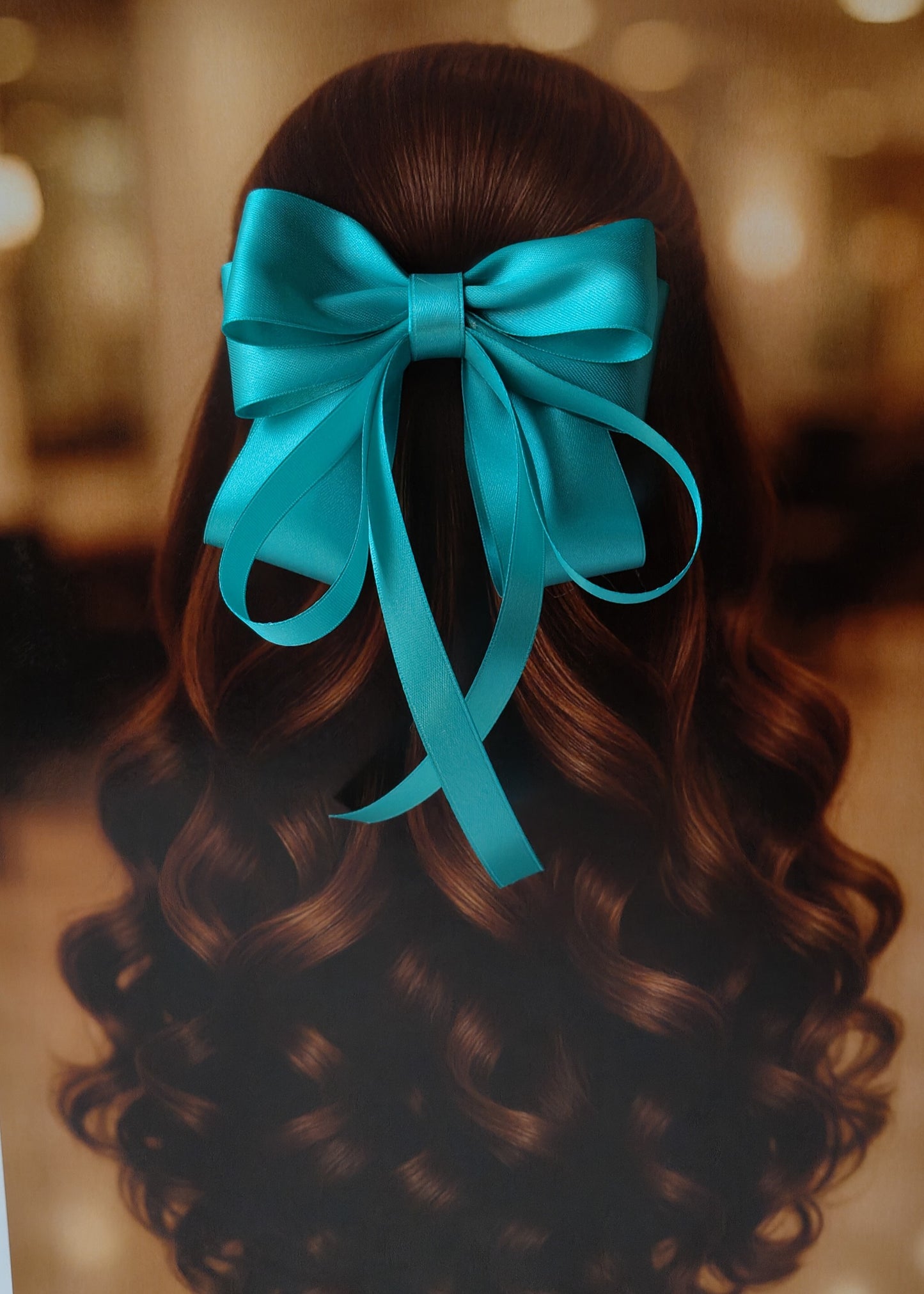 Back view of a girl with long curled hair wearing a large bright rama green satin bow - perfect for festive or formal occasions - TinyShiny