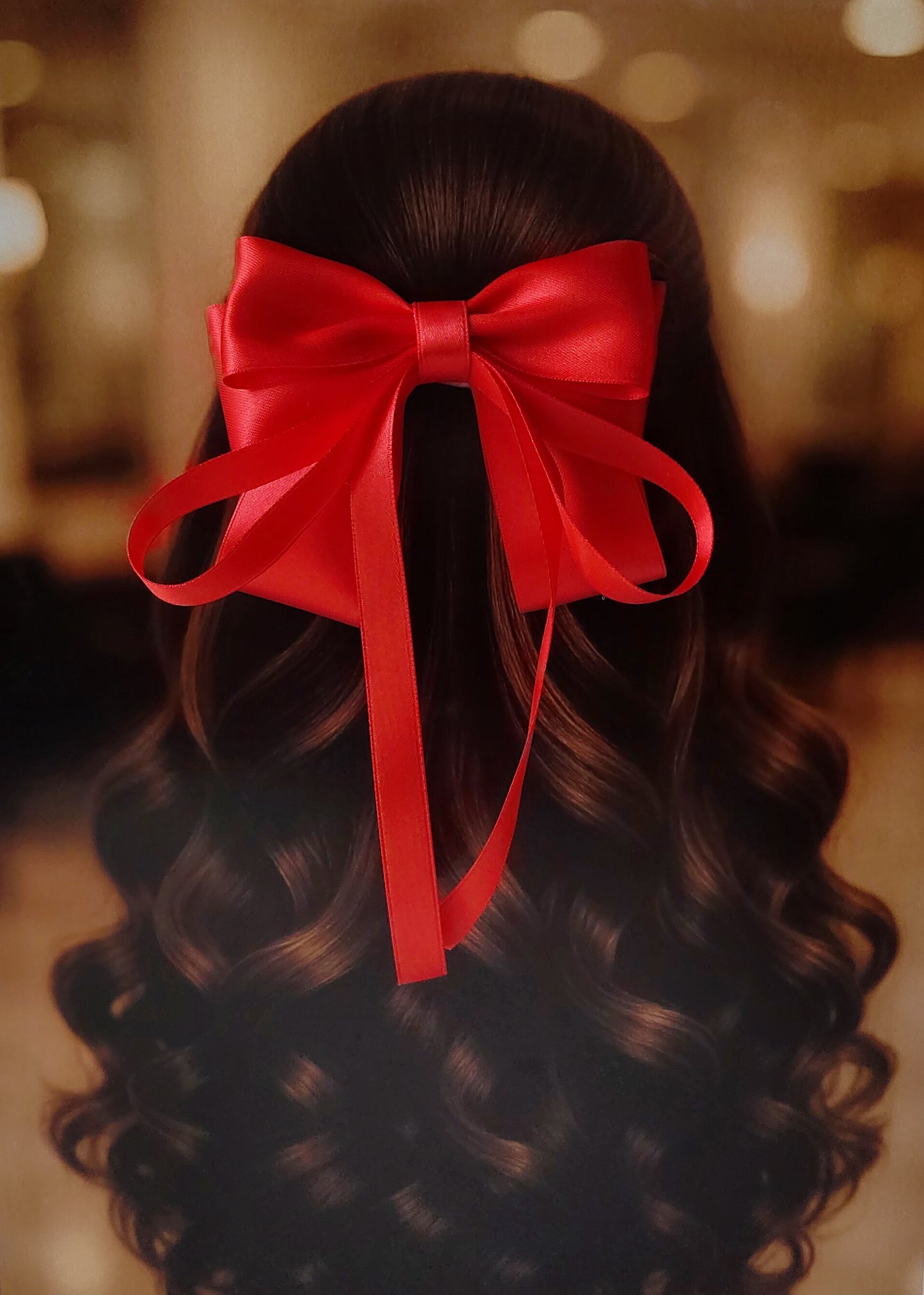 Back view of a girl with long curled hair wearing a large bright red satin bow - perfect for festive or formal occasions - TinyShiny