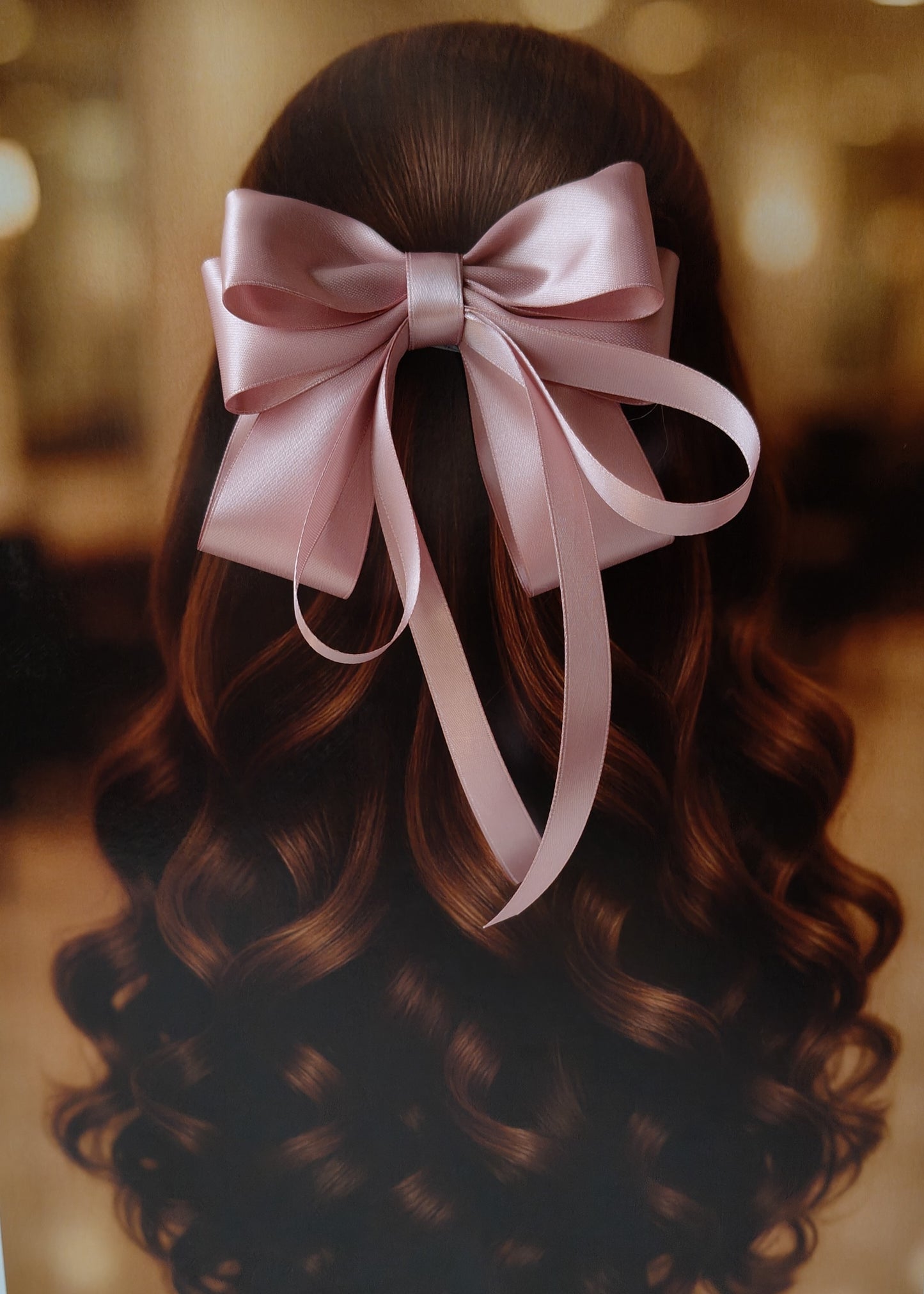 Back view of a girl with long curled hair wearing a large bright rose gold satin bow - perfect for festive or formal occasions - TinyShiny