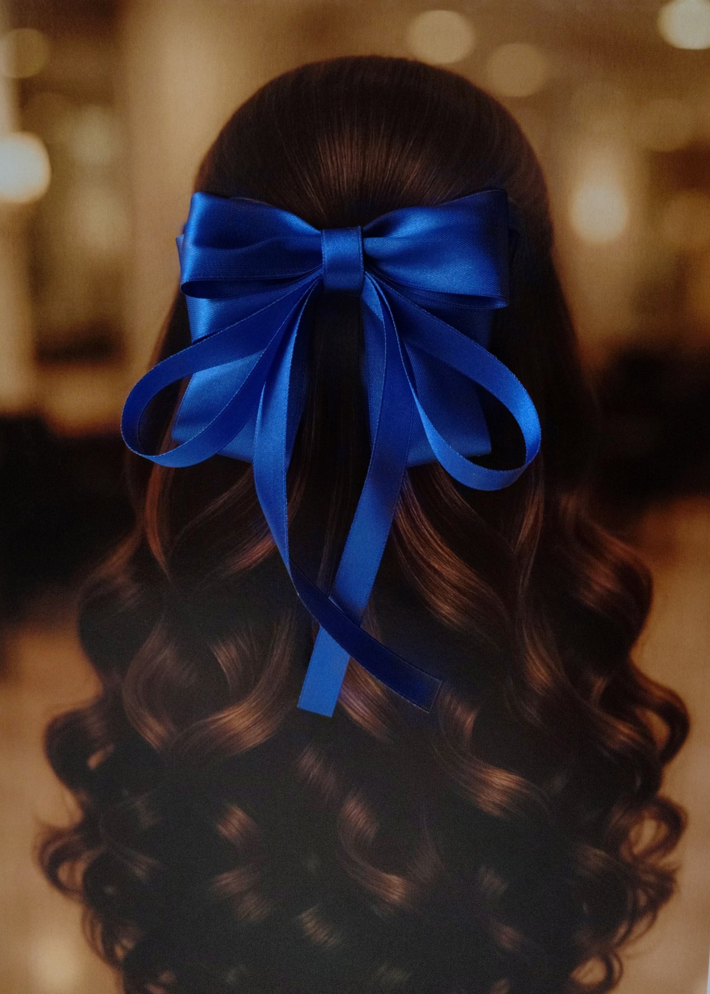 Back view of a girl with long curled hair wearing a large bright royal blue satin bow - perfect for festive or formal occasions - TinyShiny