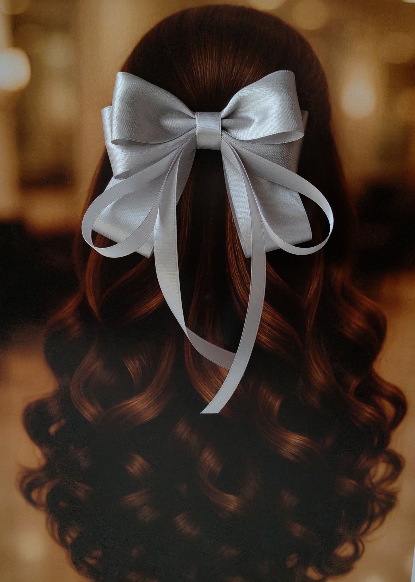 Back view of a girl with long curled hair wearing a large bright silver satin bow - perfect for festive or formal occasions - TinyShiny