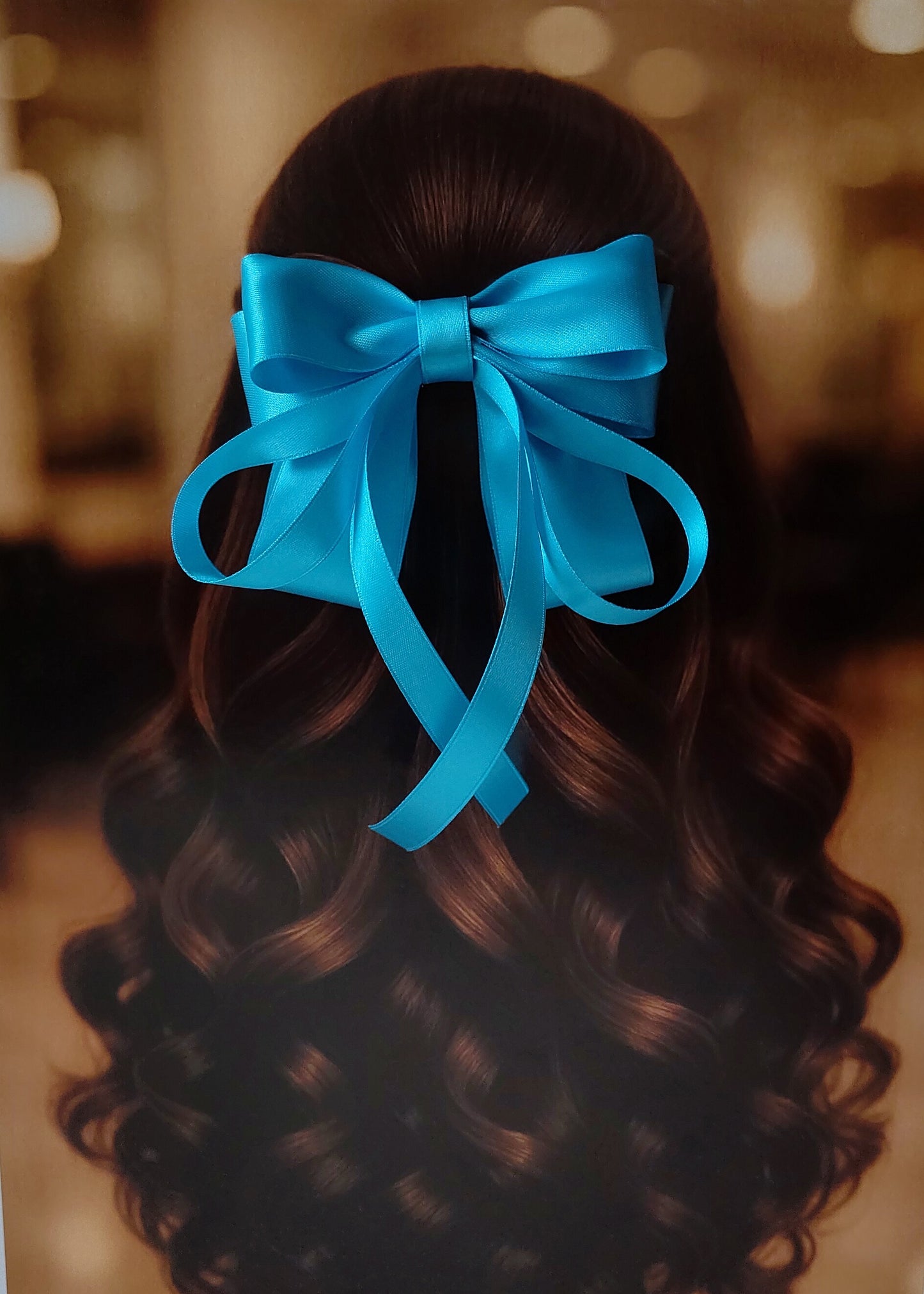 Back view of a girl with long curled hair wearing a large Sky Blue satin bow - perfect for festive or formal occasions - TinyShiny