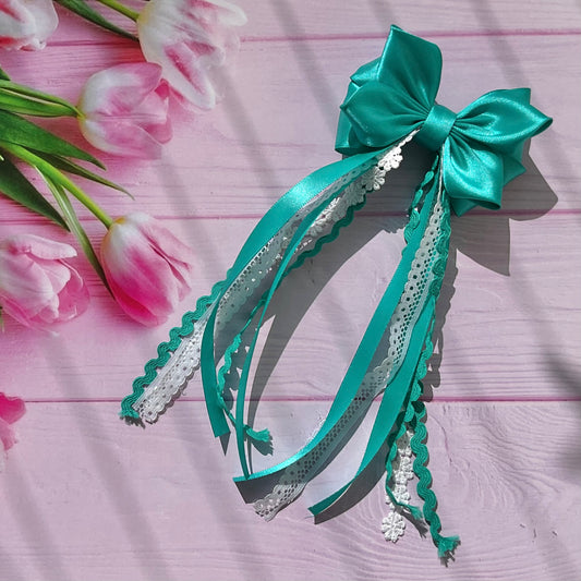 TinyShiny_Satin Ribbon Bow with tassel - Rama Green