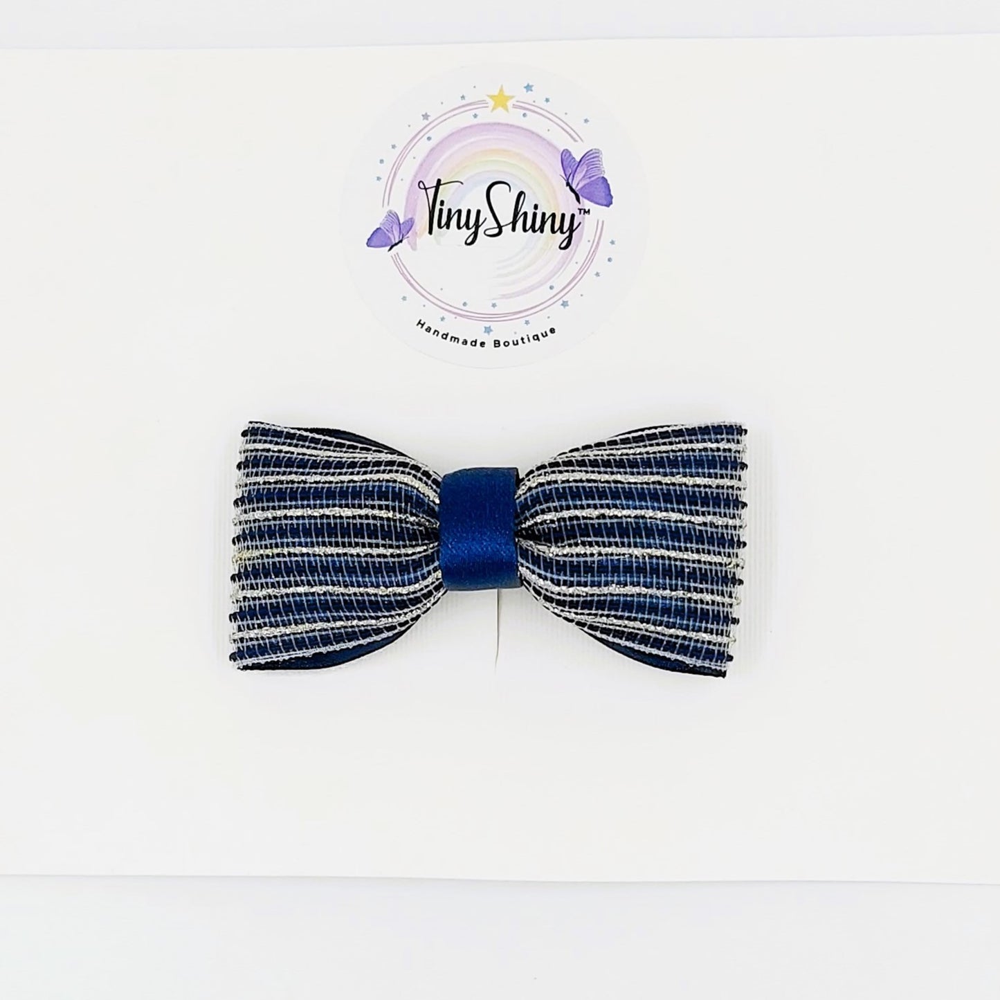 Zari stripes Bows with Alligator Clip - Navy Blue