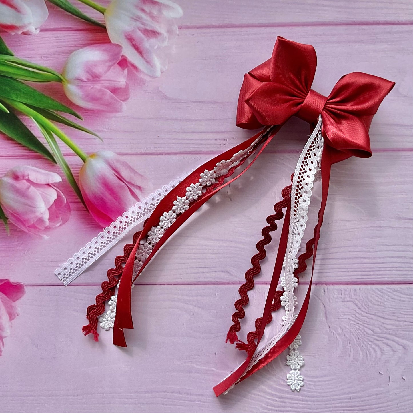 TinyShiny_Satin Ribbon Bow with tassel - Wine Red