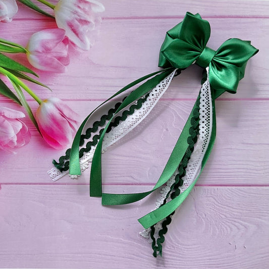 TinyShiny_Satin Ribbon Bow with tassel - Dark Green