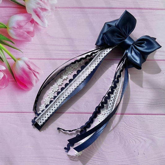 TinyShiny_Satin Ribbon Bow with tassel - Navy Blue