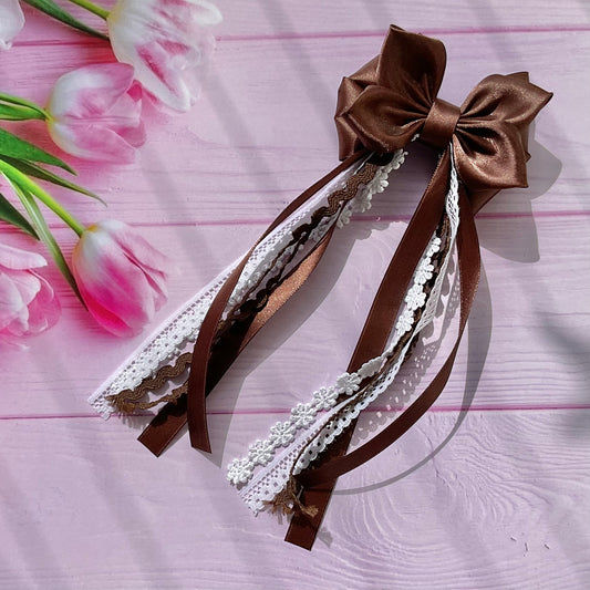 TinyShiny_Satin Ribbon Bow with tassel - Coffee Brown