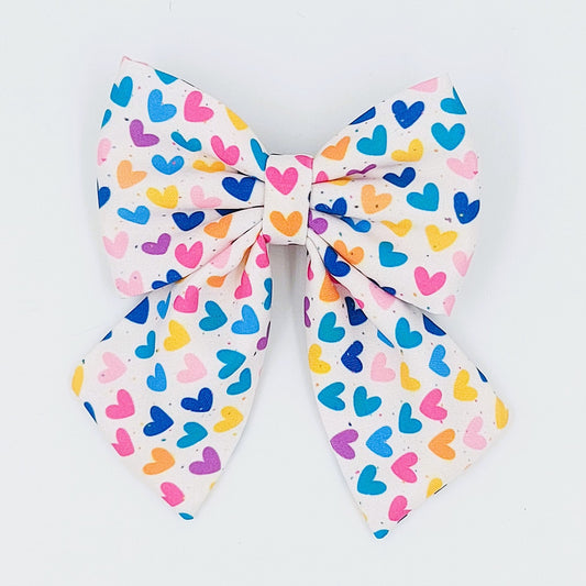 Pigtail Bow - Colored Hearts