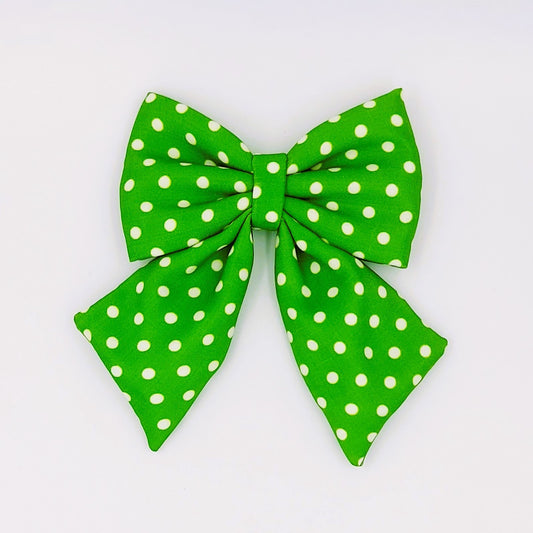 Pigtail Bow - Green with White Polka Dots