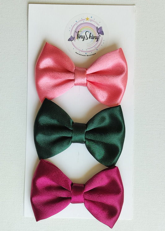 Satin Fabric Bows with Alligator Clip - Rose Pink, Dark Green & Maroon