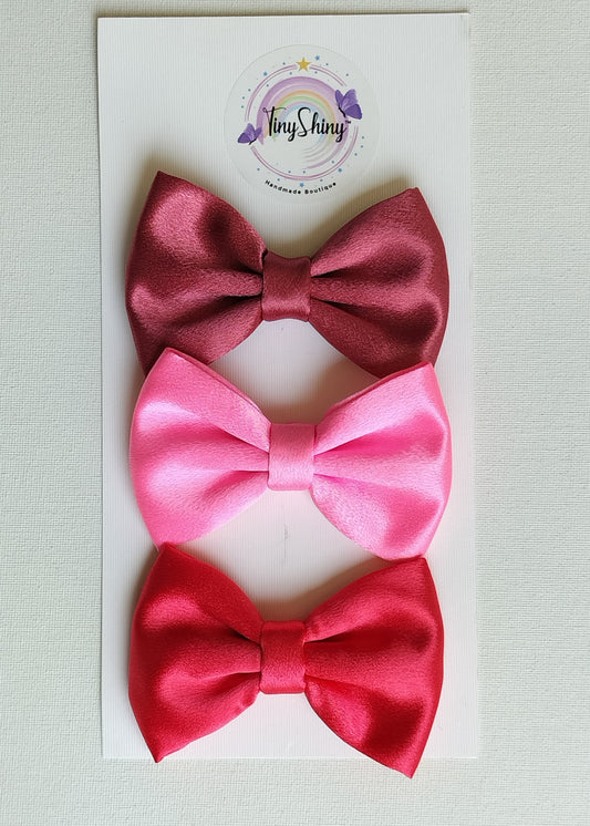 Satin Fabric Bows with Alligator Clip - Rosewood, Pink & Punch