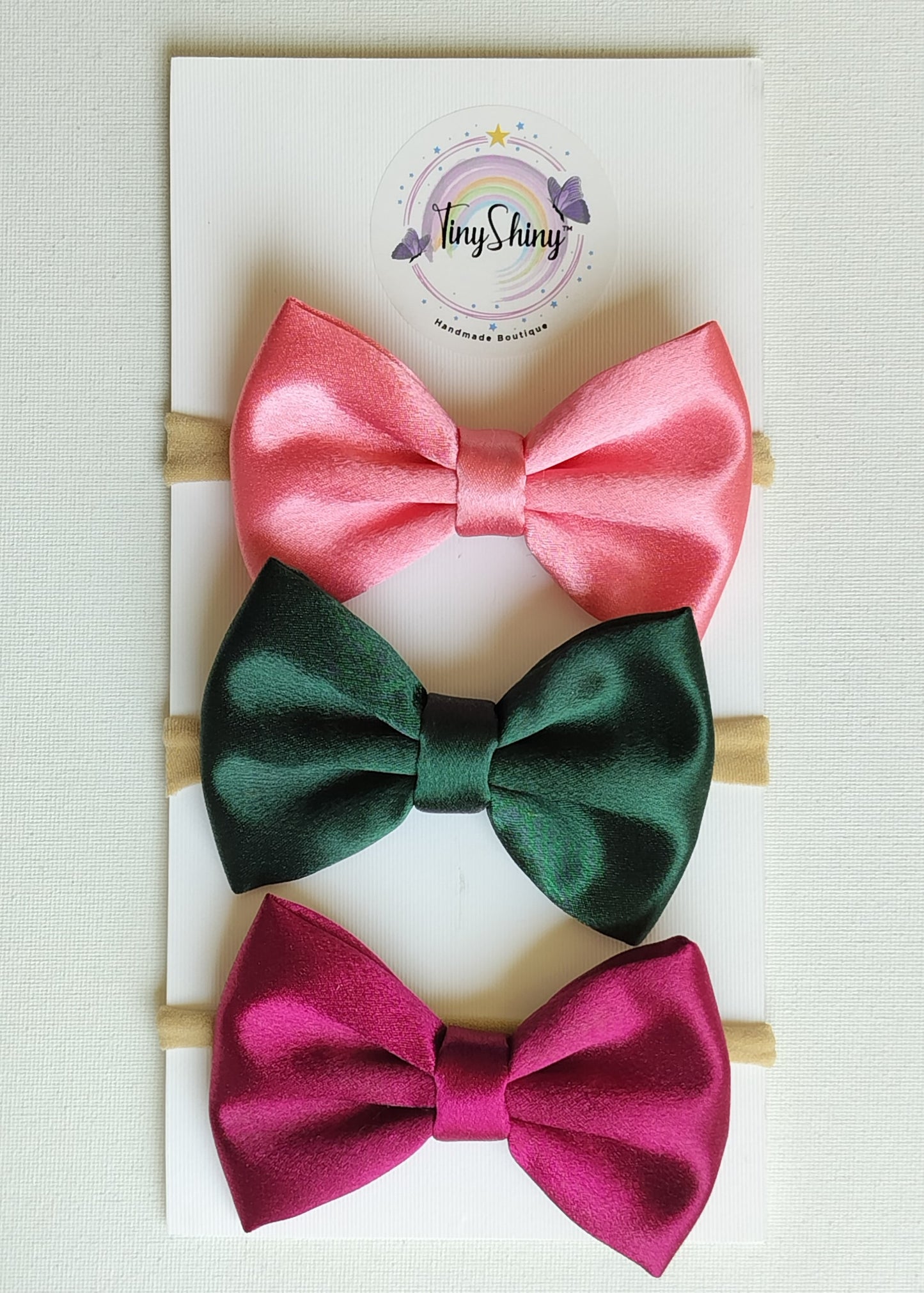 Satin Fabric Bows - Rose Pink, Dark Green & Maroon