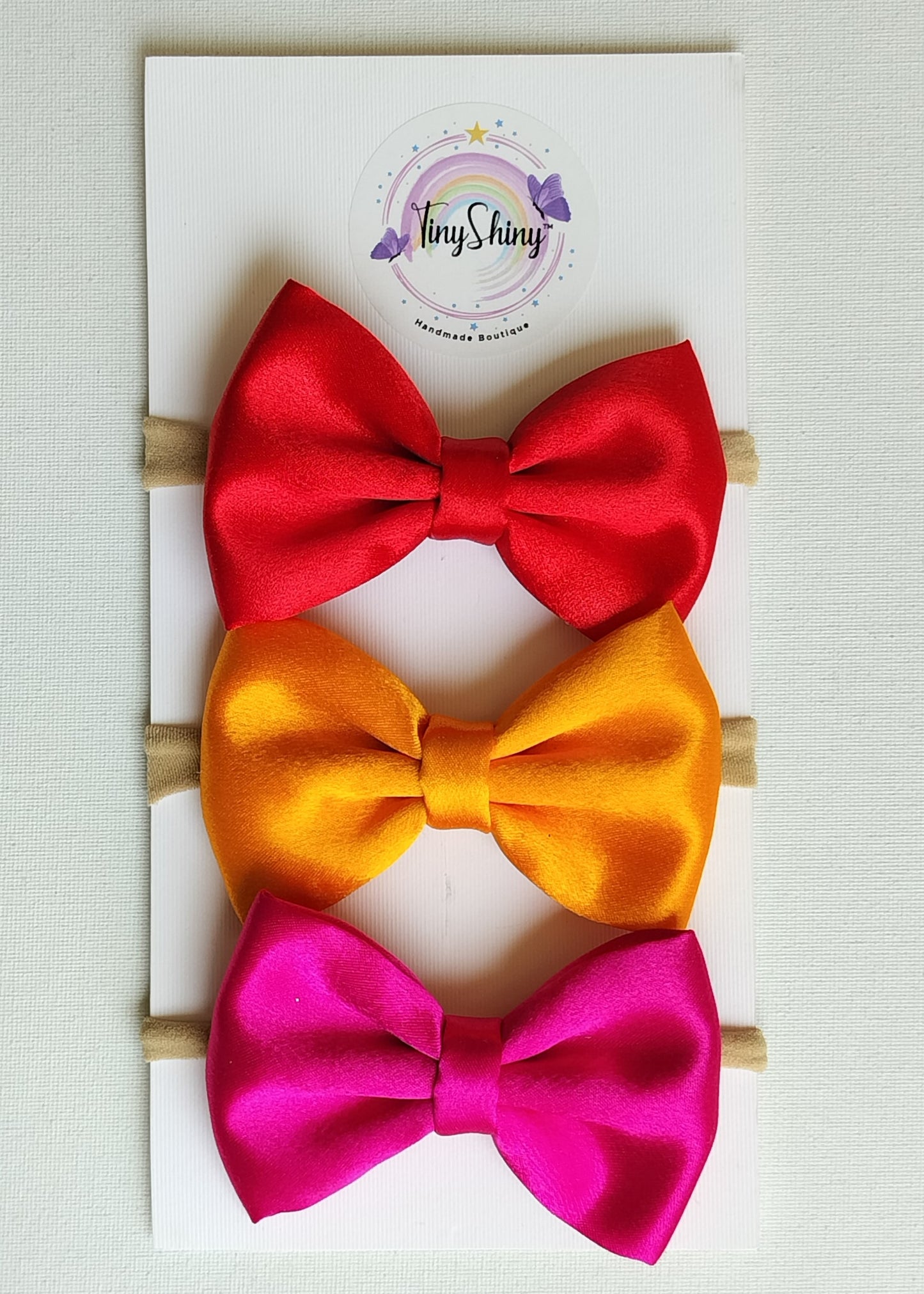 Satin Fabric Bows - Red, Golden Yellow & Rani Pink