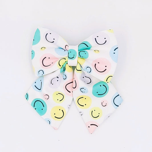 Pigtail Bow - Multicolored Smiley