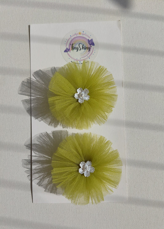 PomPom Bow with Alligator Clip - Mustard Green