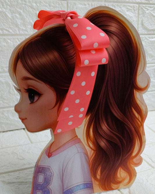 Illustration of a girl with brown hair in pigtails wearing a TinyShiny Bow RosePinkwithWhitedots color 
