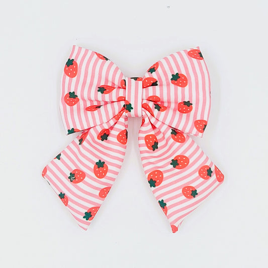 Pigtail Bow - Strawberry Stripes