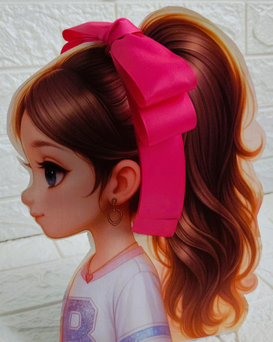 Illustration of a girl with brown hair in pigtails wearing a TinyShiny Bow Hot Pink color 