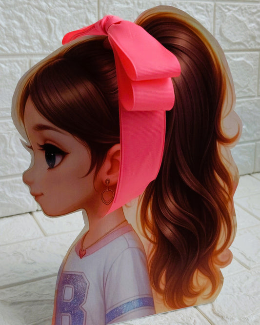 Illustration of a girl with brown hair in pigtails wearing a TinyShiny Bow Neon Pink color 