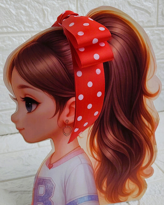 Illustration of a girl with brown hair in pigtails wearing a TinyShiny Bow Red with white dots color 