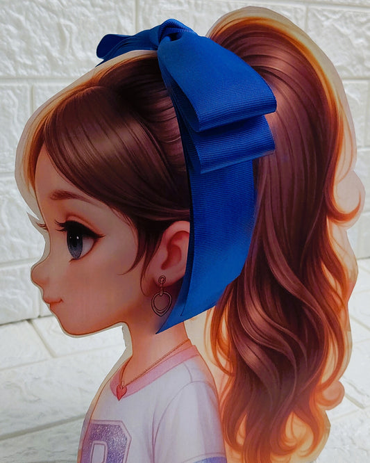 Illustration of a girl with brown hair in pigtails wearing a TinyShiny Bow Royal Blue color 