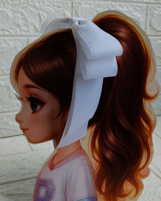 Illustration of a girl with brown hair in pigtails wearing a TinyShiny Bow White color 