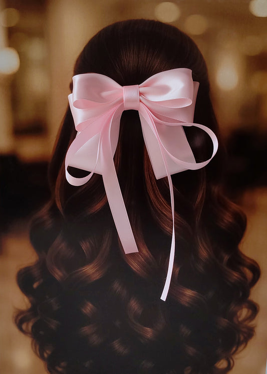 Back view of a girl with long curled hair wearing a large baby pink satin bow - perfect for festive or formal occasions - TinyShiny