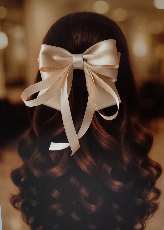 Back view of a girl with long curled hair wearing a large bright Beige satin bow - perfect for festive or formal occasions - TinyShiny