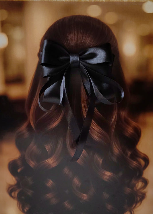 Back view of a girl with long curled hair wearing a large bright Black satin bow - perfect for festive or formal occasions - TinyShiny