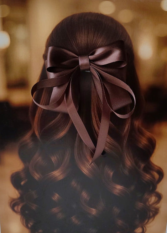 Back view of a girl with long curled hair wearing a large bright Coffee Brown satin bow - perfect for festive or formal occasions - TinyShiny