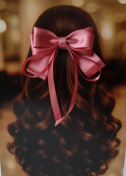 Back view of a girl with long curled hair wearing a large bright Dark Rose Gold satin bow - perfect for festive or formal occasions - TinyShiny