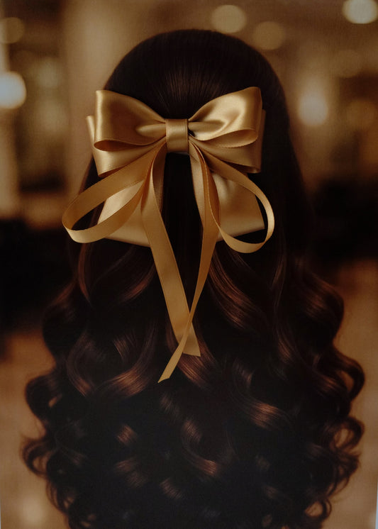 Back view of a girl with long curled hair wearing a large bright Gold satin bow - perfect for festive or formal occasions - TinyShiny
