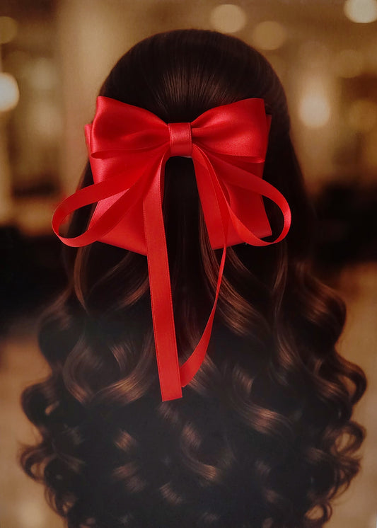 Back view of a girl with long curled hair wearing a large bright red satin bow - perfect for festive or formal occasions - TinyShiny