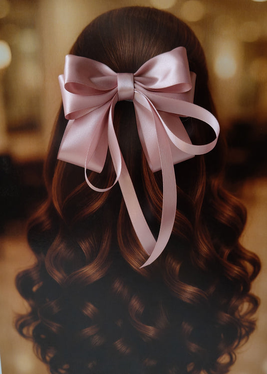 Back view of a girl with long curled hair wearing a large bright rose gold satin bow - perfect for festive or formal occasions - TinyShiny