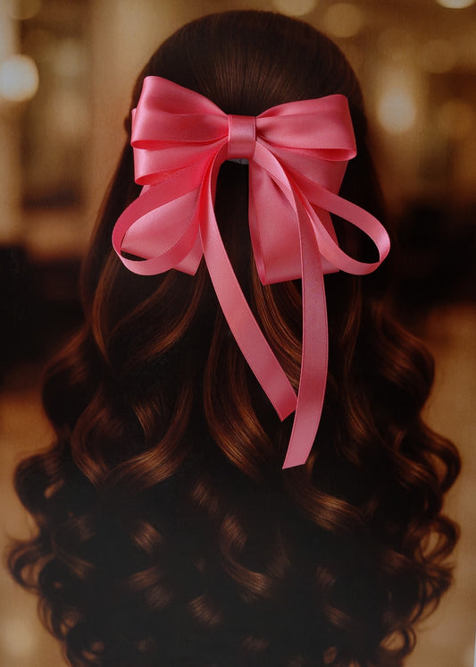 Back view of a girl with long curled hair wearing a large bright Rose pink satin bow - perfect for festive or formal occasions - TinyShiny