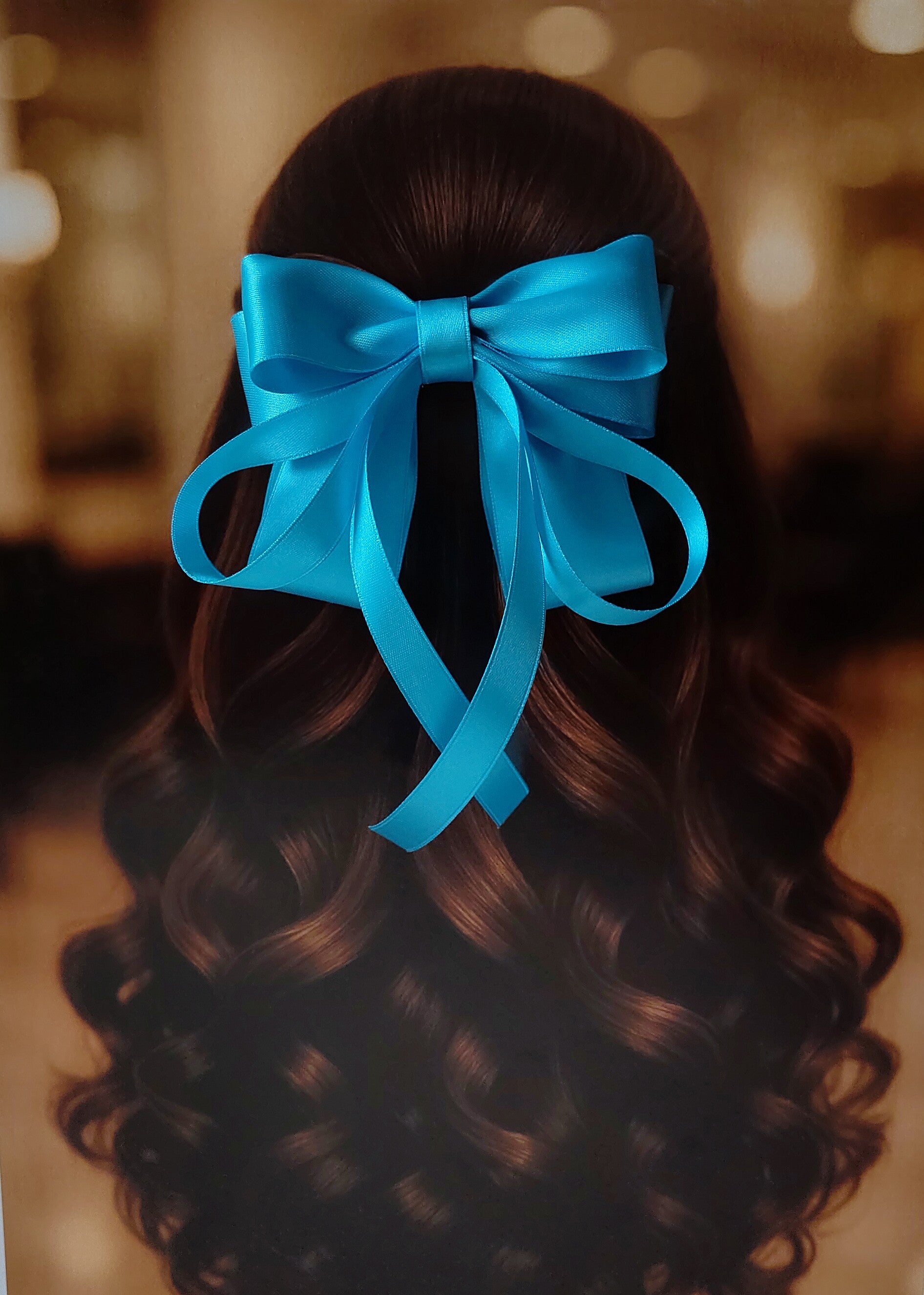 Back view of a girl with long curled hair wearing a large Sky Blue satin bow - perfect for festive or formal occasions - TinyShiny