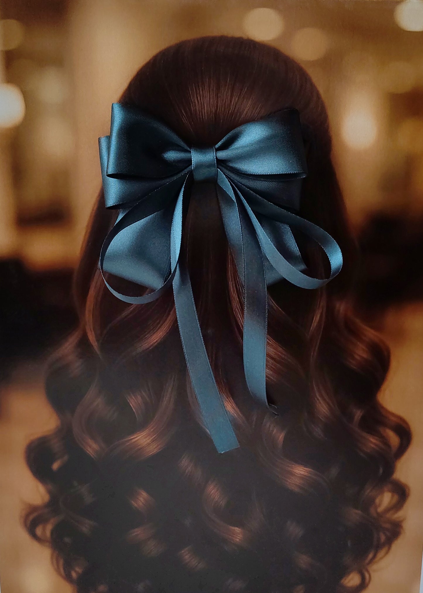 Back view of a girl with long curled hair wearing a large bright Teal satin bow - perfect for festive or formal occasions - TinyShiny