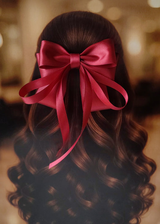 Back view of a girl with long curled hair wearing a large bright wine red satin bow - perfect for festive or formal occasions - TinyShiny
