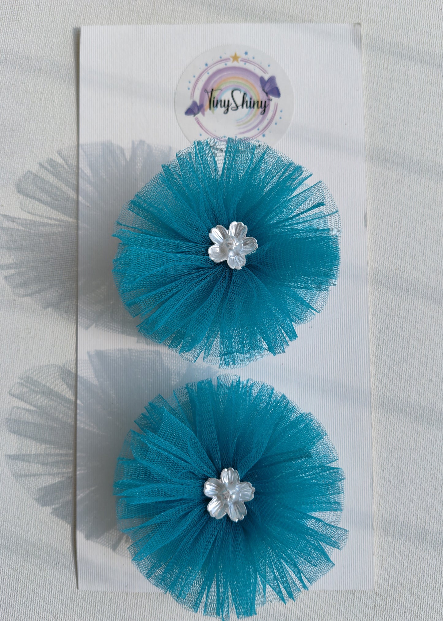 PomPom Bow with Alligator Clip - Turquoise Blue