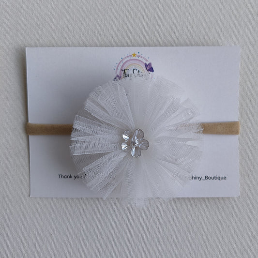 PomPom Bow with Baby Soft Headband - White