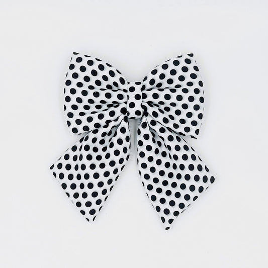 Pigtail Bow - White with Black Polka Dots